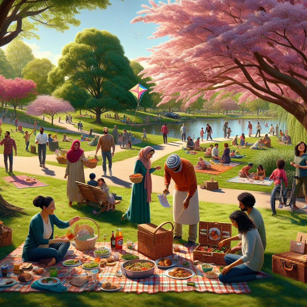 Community picnic in park.