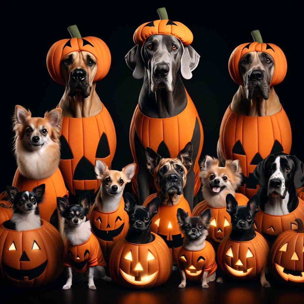 Dogs in pumpkin costumes.