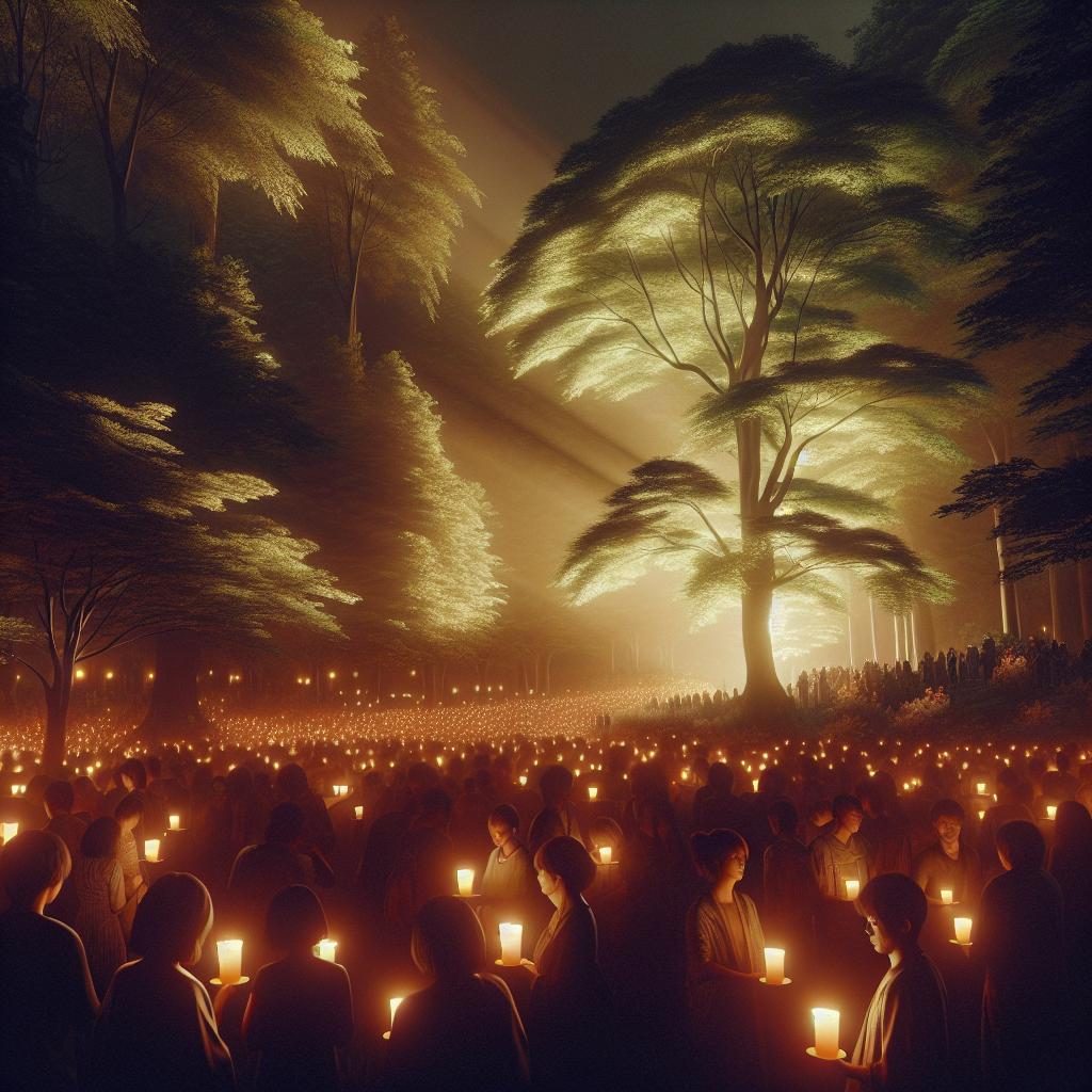 Candlelit vigil in park.