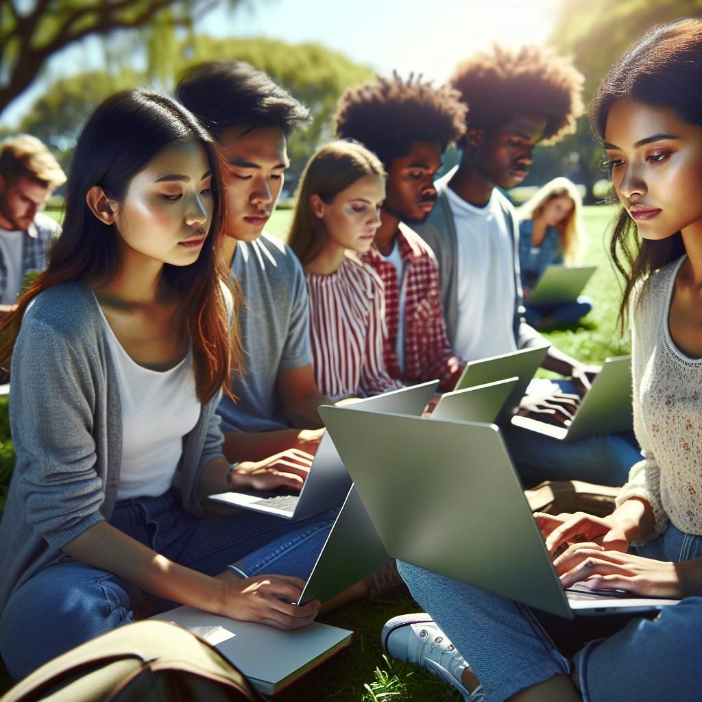 Students with chromebooks outdoors.