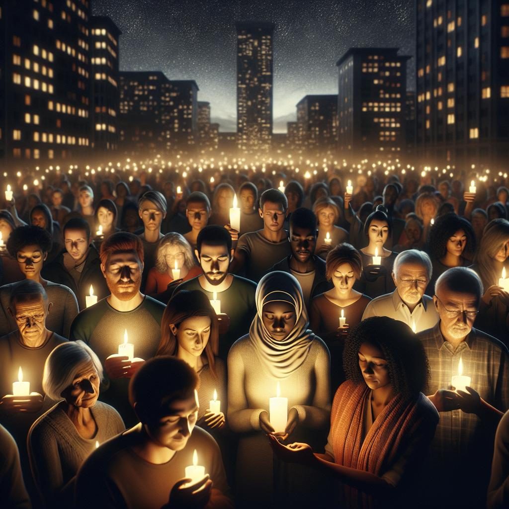 Community candlelight vigil scene.