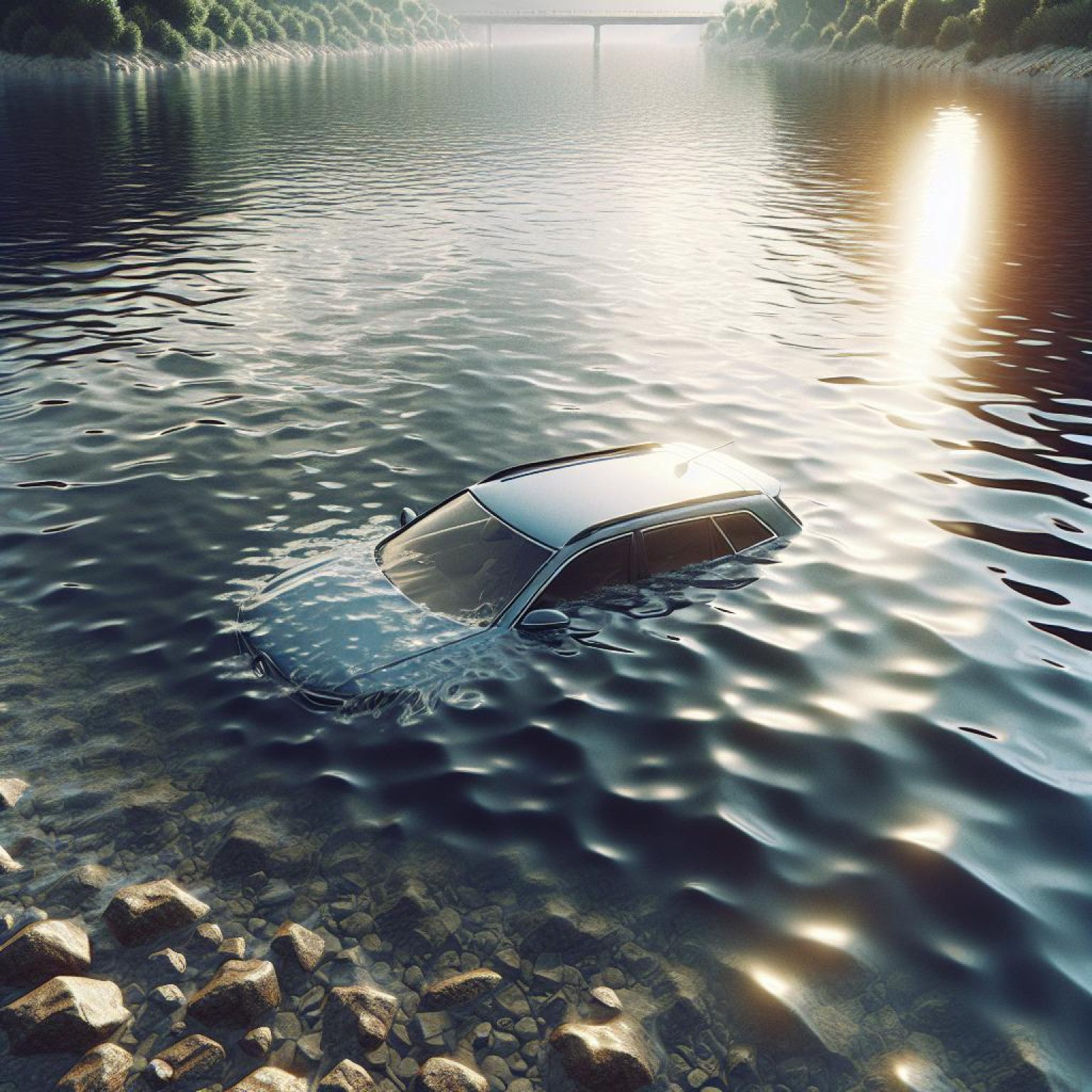 Car sunken in river