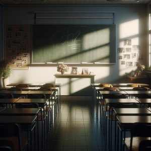 Empty classroom with condolences.