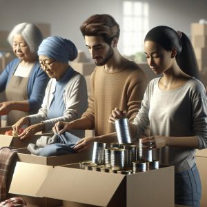 Community members packing donations.