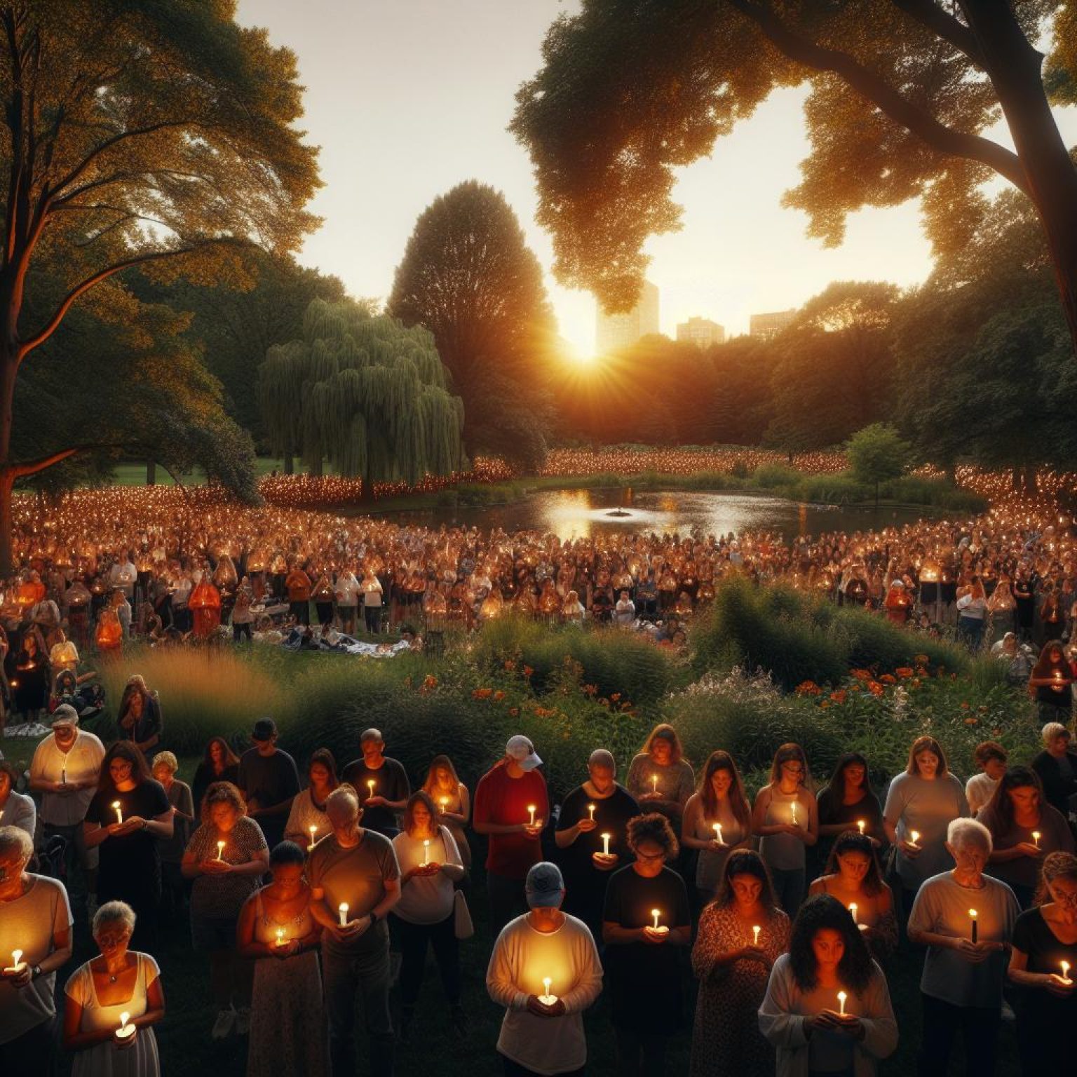 Candlelight vigil in park.