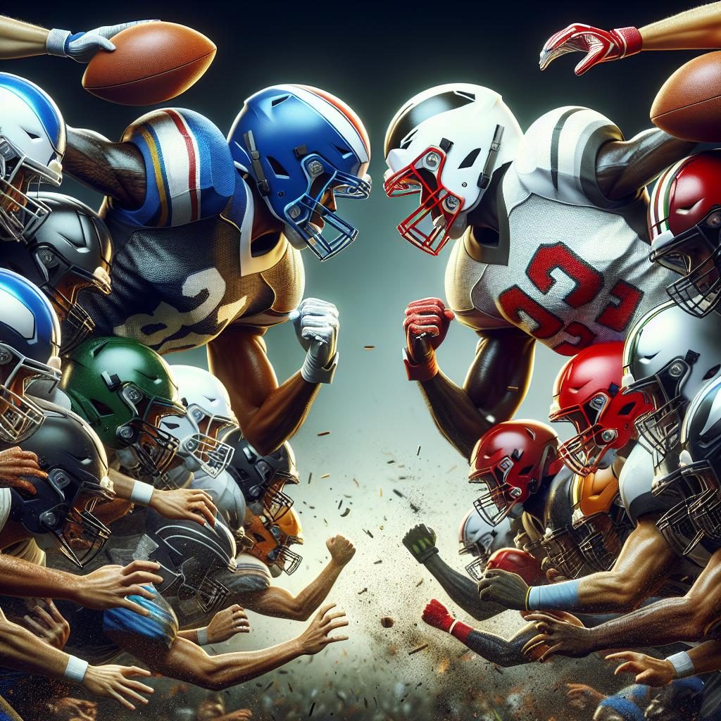 Football teams clashing helmets