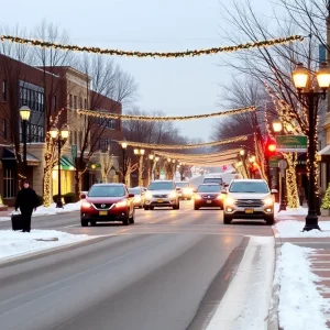 Decorated streets of Bowling Green during the holidays focused on road safety