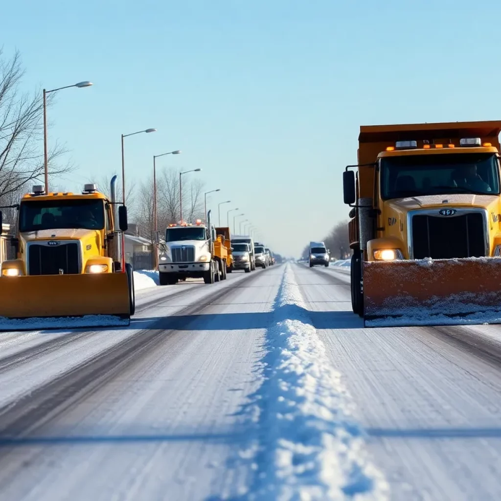 Snowy road in Bowling Green with snow plows and winter preparations visible.