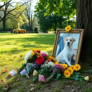 A memorial setup with flowers and a photo of a dog symbolizing pet loss.