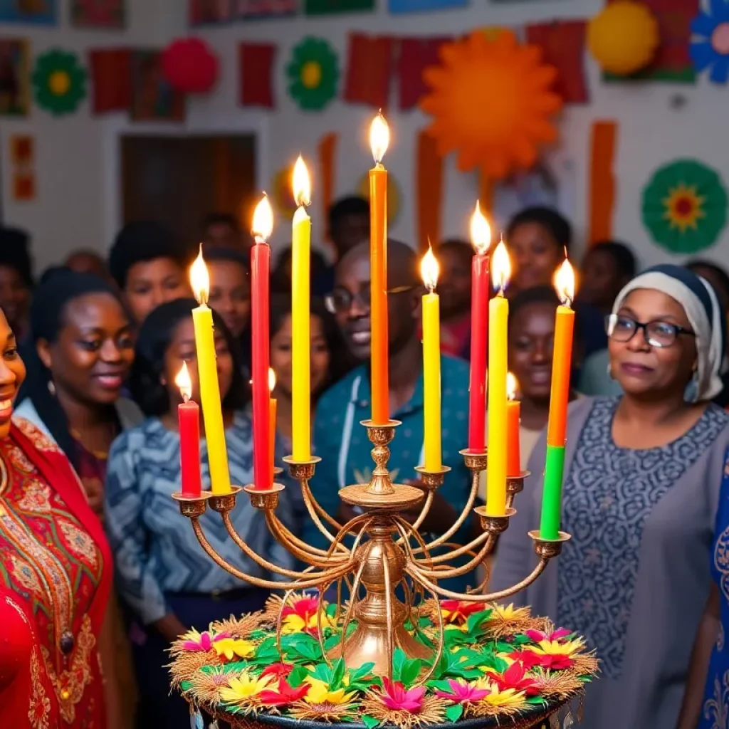 Community members celebrating Kwanzaa at First Christian Church with a kinara and seven candles.