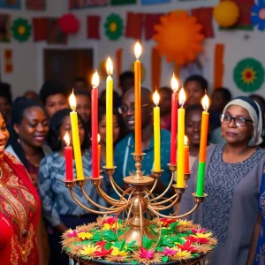 Community members celebrating Kwanzaa at First Christian Church with a kinara and seven candles.