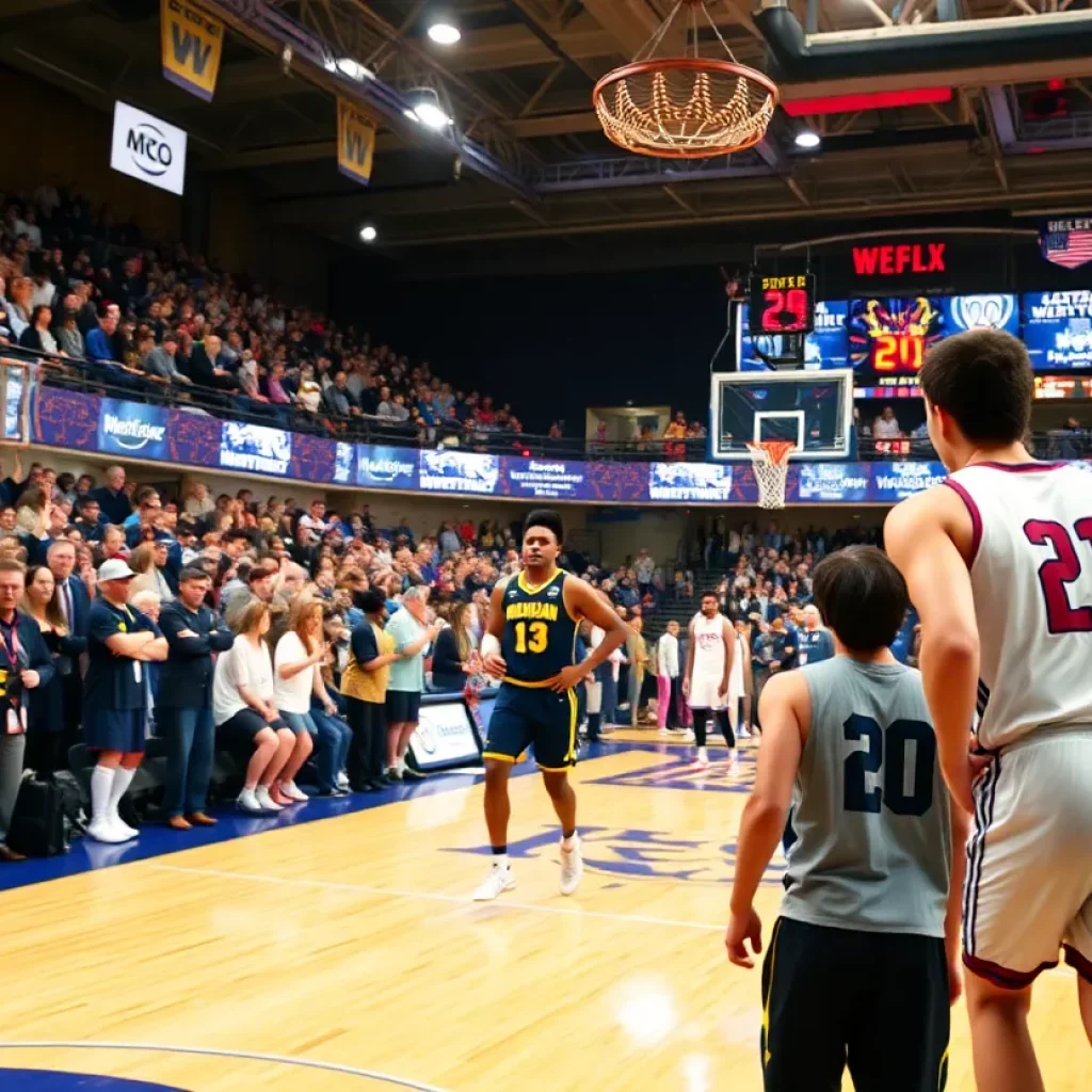 Michigan Wolverines basketball players preparing for a game against Western Kentucky Hilltoppers with cheering fans in the background.