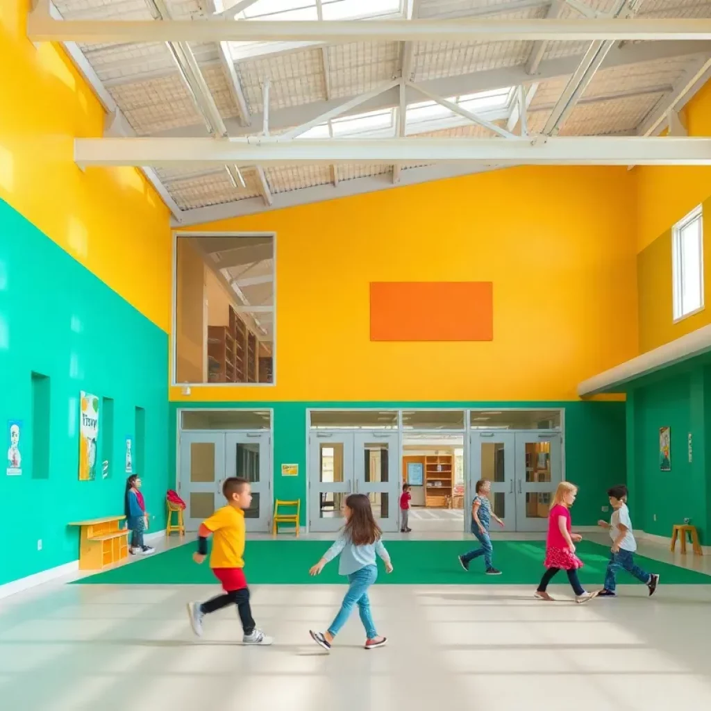 Newly constructed wing of Paris City Schools showcasing bright classrooms and outdoor play area.