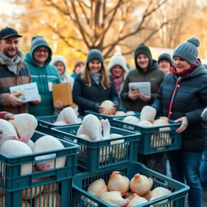 Volunteers collecting frozen turkeys and chickens for Thanksgiving drive