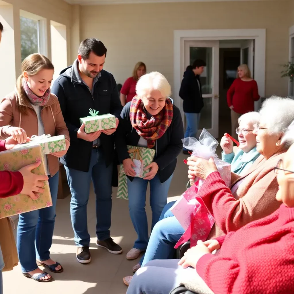 Volunteers delivering gifts to nursing home residents inclusive of smiles and warmth.