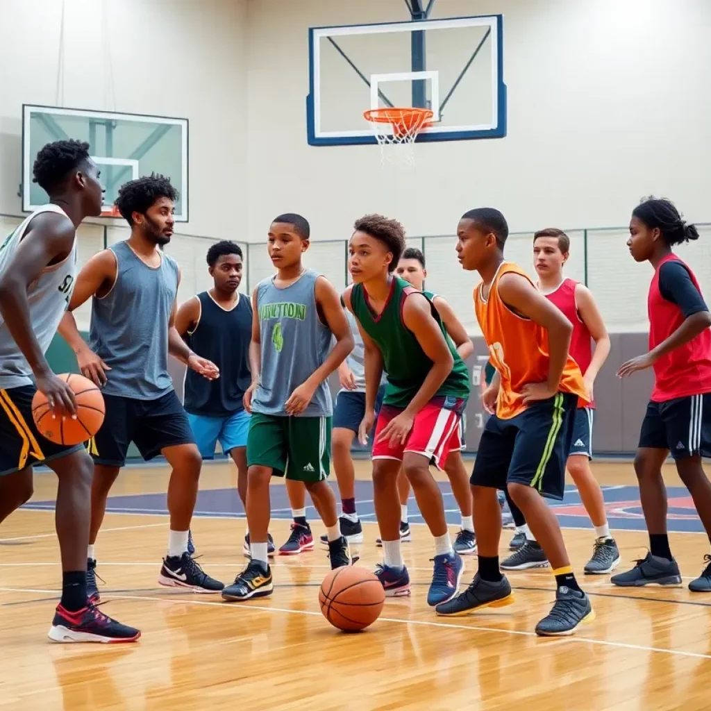 Group of young basketball players practicing on the court