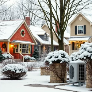 Winter scene in Bowling Green with decorated homes and HVAC systems in view.