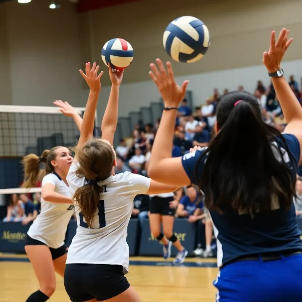 An action shot of volleyball players during a collegiate match.