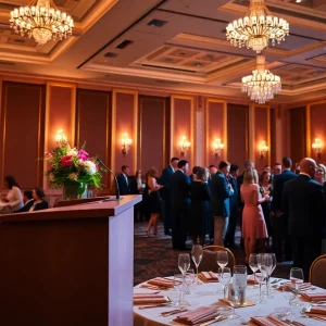 Setting of an award dinner with floral decor and guests