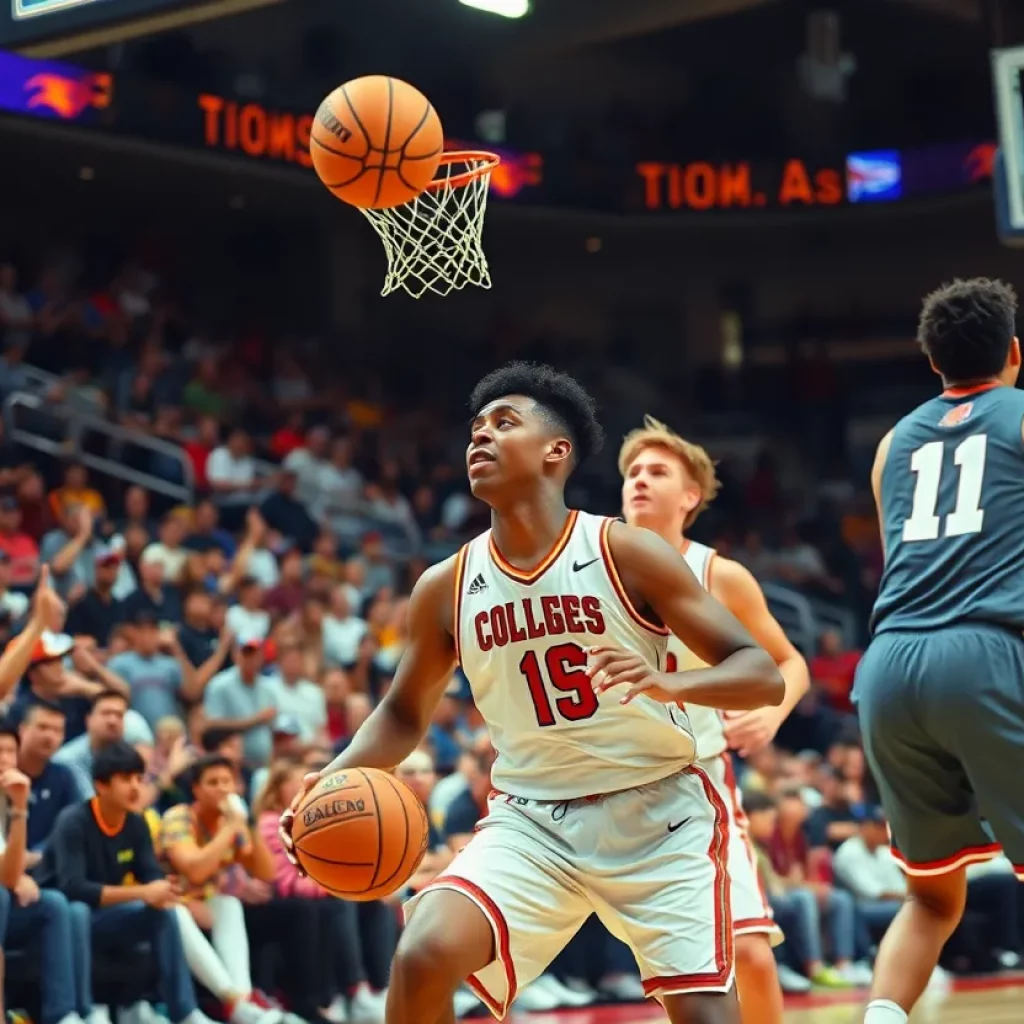 College basketball players in action during a game at E. A. Diddle Arena.