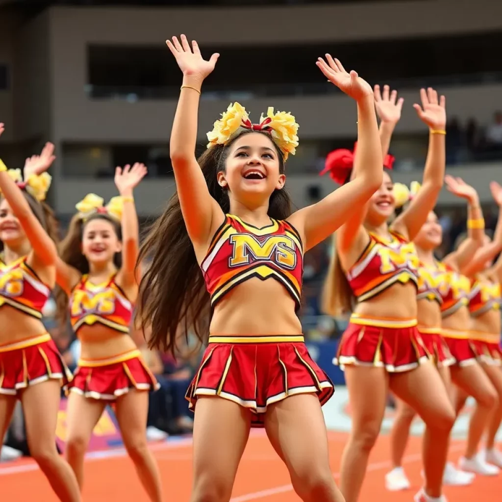 Cheerleaders performing at a state competition.