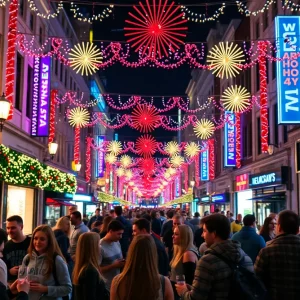 Crowd celebrating New Year's Eve in Bowling Green with decorations