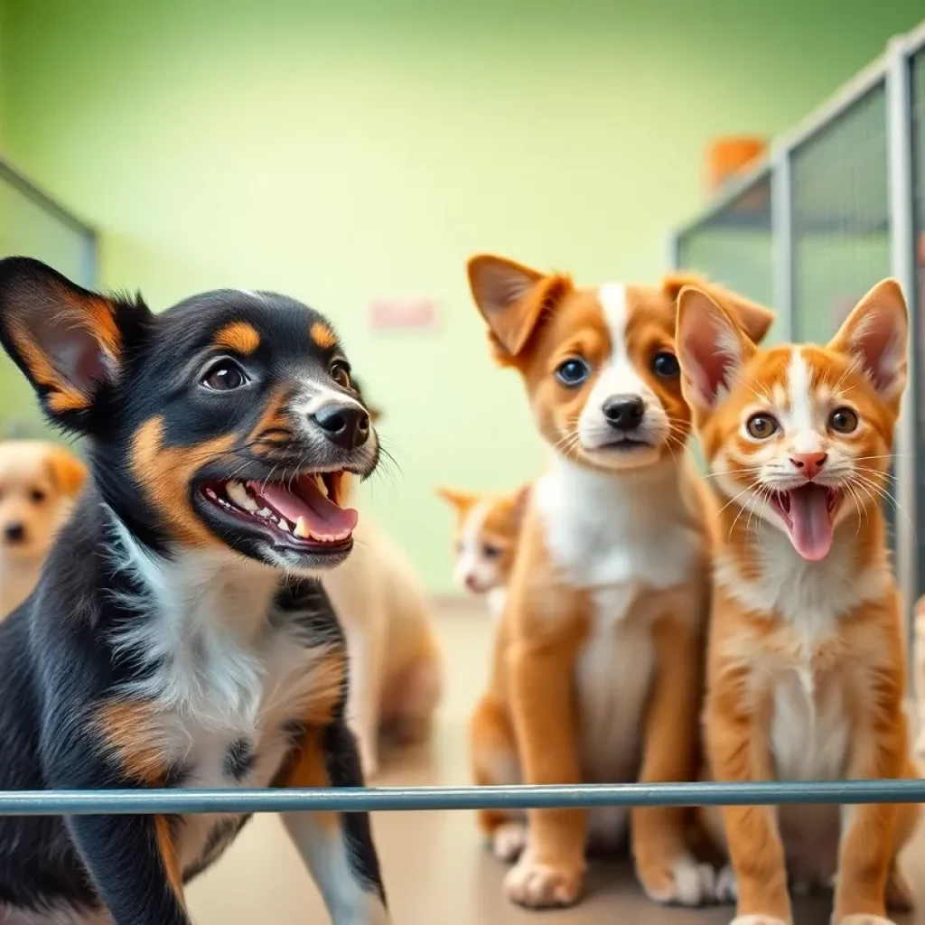 Scene from Bowling Green Pet Adoption Event with playful dogs and cats.