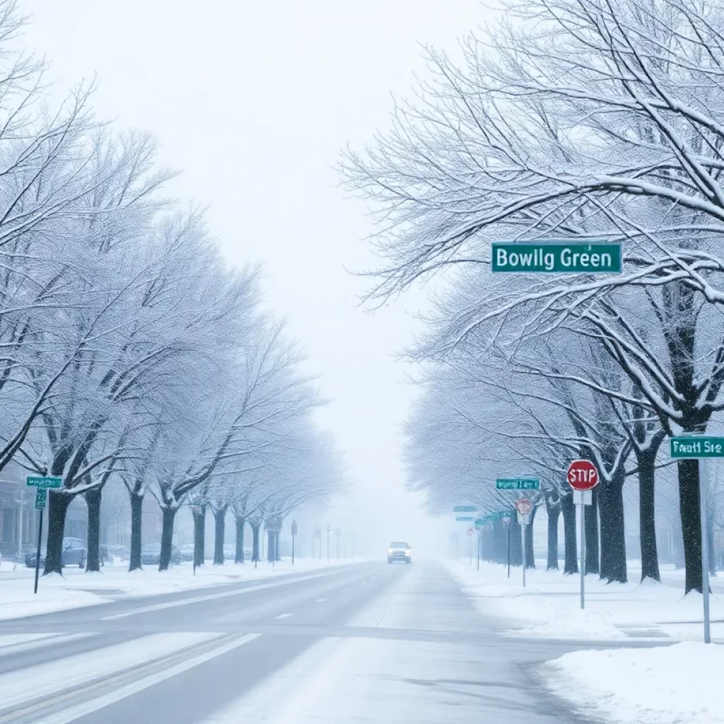 Snow-covered street in Bowling Green during a snowstorm