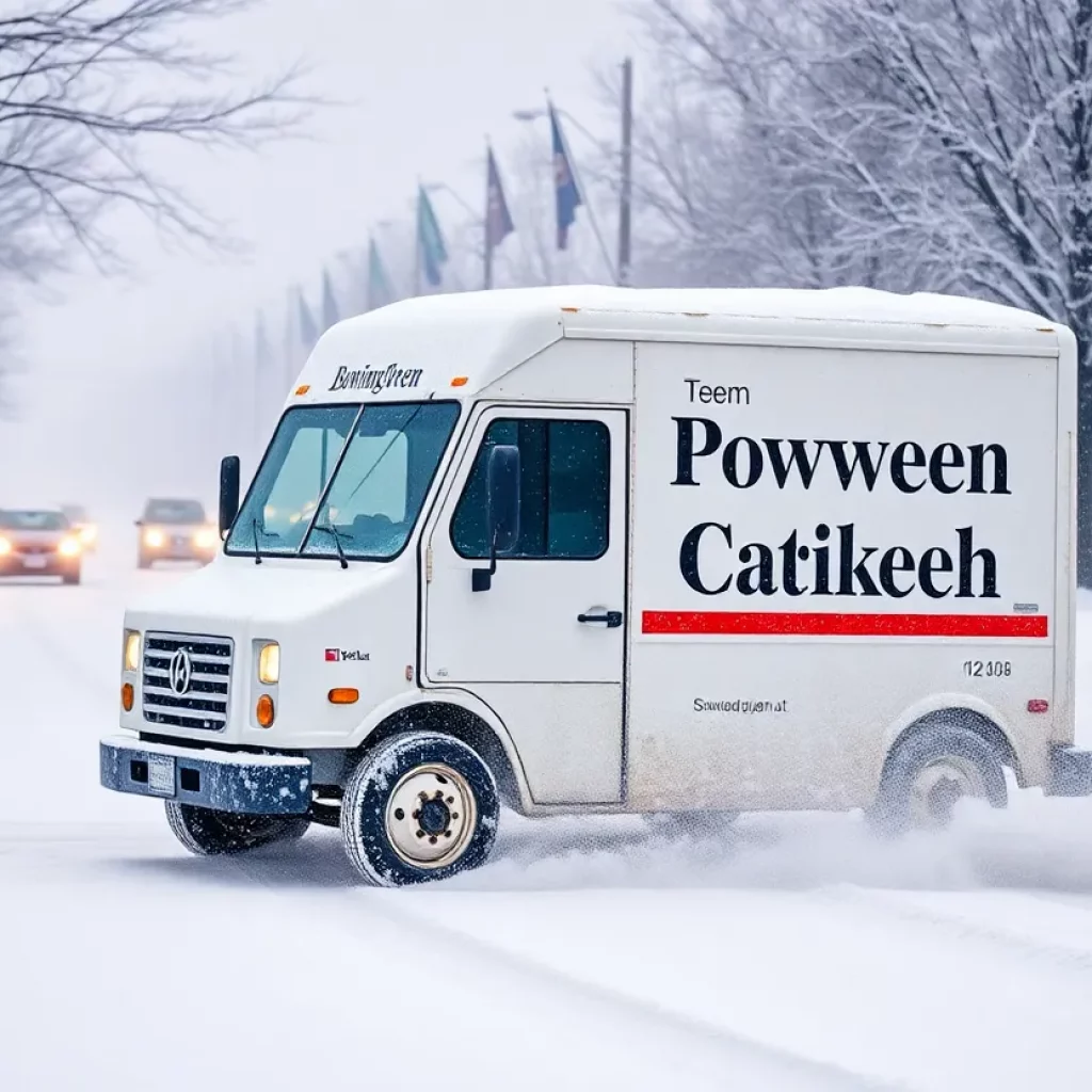 Snow-covered street in Bowling Green with obstacles for delivery trucks.