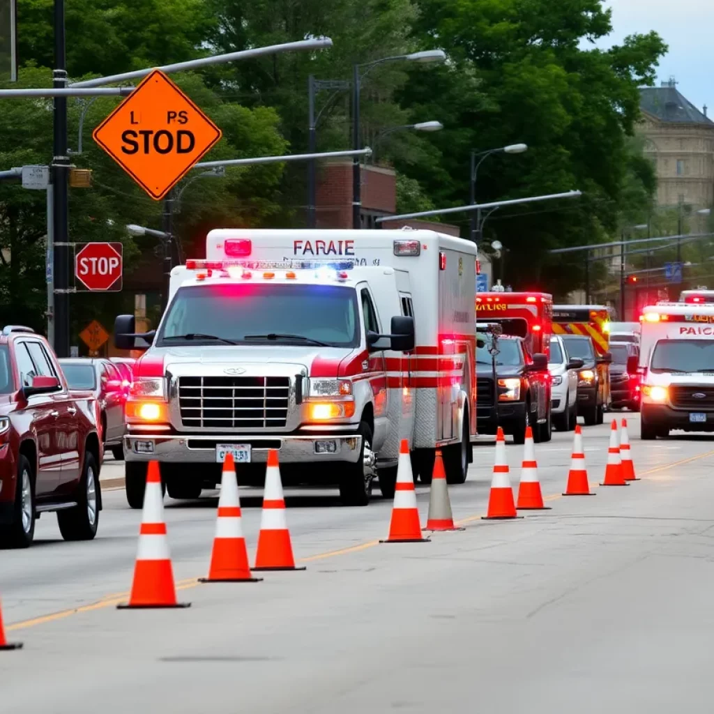 Traffic disruptions in Bowling Green with emergency vehicles and construction signs