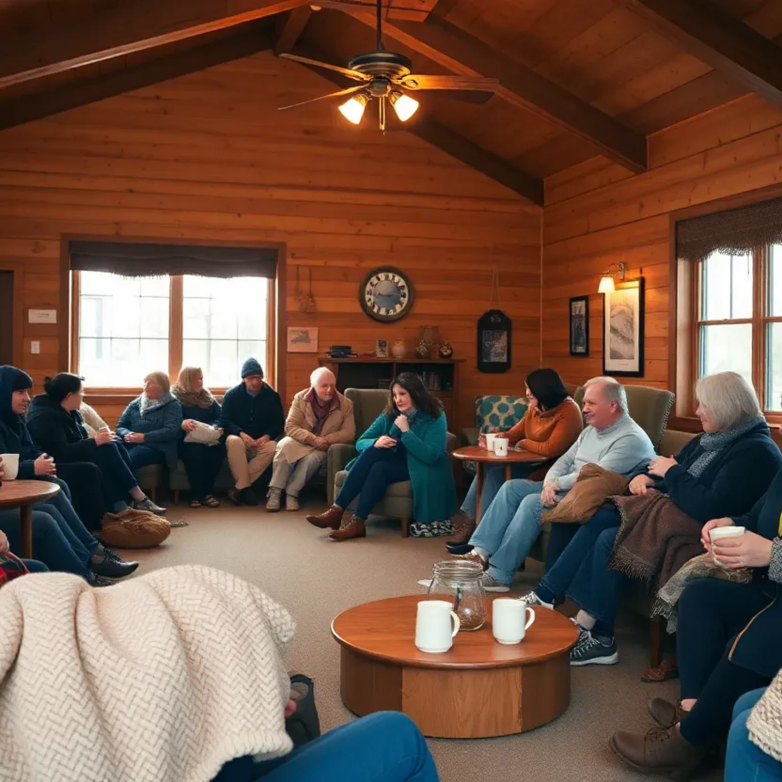 Interior of a Bowling Green warming center with individuals receiving warmth and refreshments.