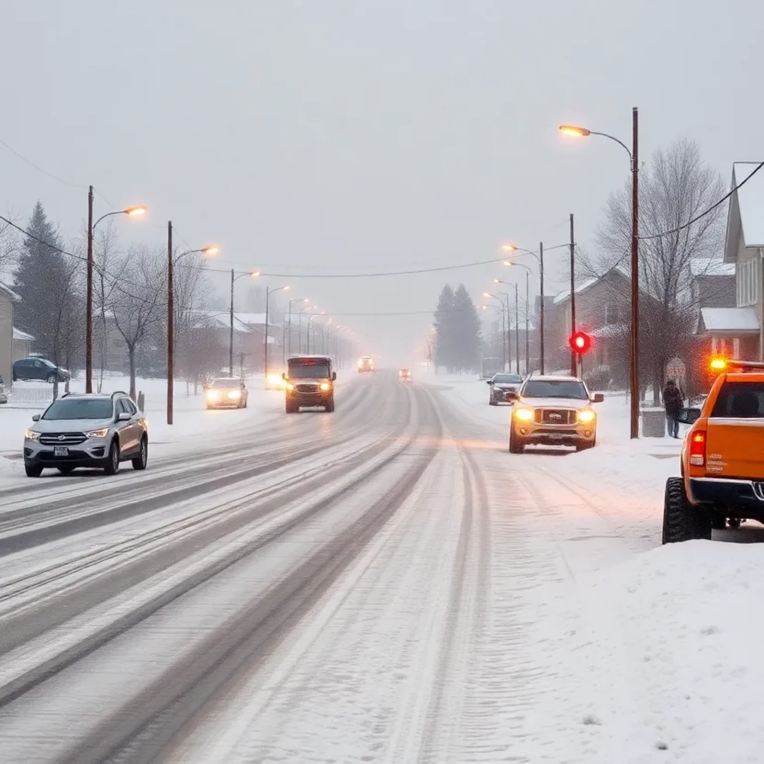 A view of Bowling Green during Winter Storm Blair, featuring snow-covered streets and cozy homes.