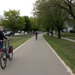 A quiet bowling green neighborhood with a bike path, evoking feelings of loss and reflection.