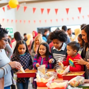 Families gathering for a fundraising event to support school lunches.