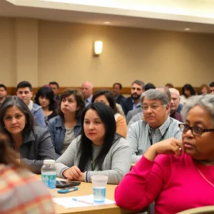 Community members gathered in Bowling Green discussing refugee resettlement issues.