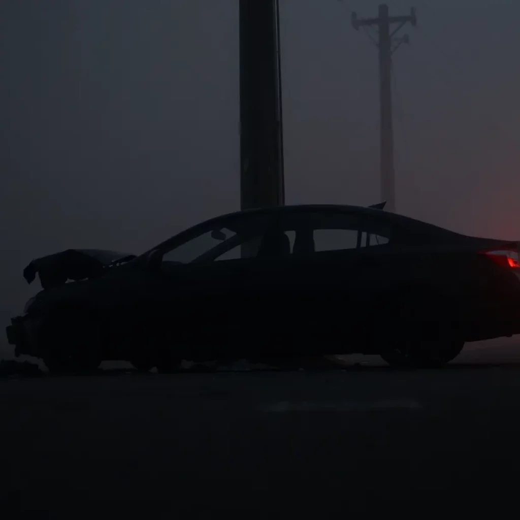 Crashed vehicle against a utility pole on a foggy night