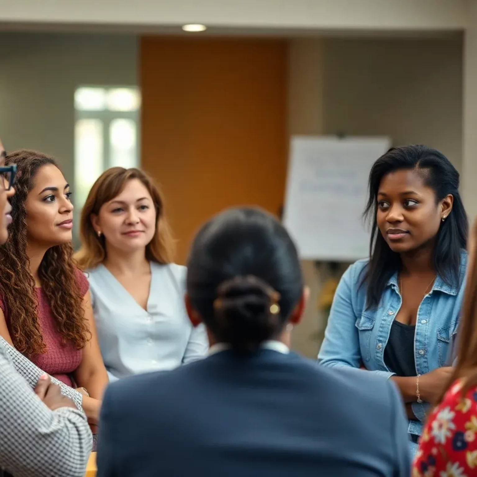 People discussing domestic violence awareness in a community setting