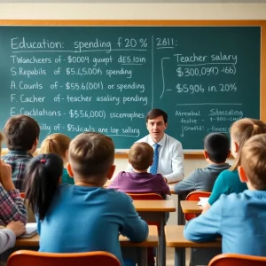 A classroom scene showing students and a teacher reviewing education statistics