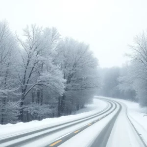 Snow-covered landscape in Kentucky with trees and a road