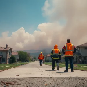 Residents cleaning up after wildfires in Los Angeles, with visible smoke and ash.