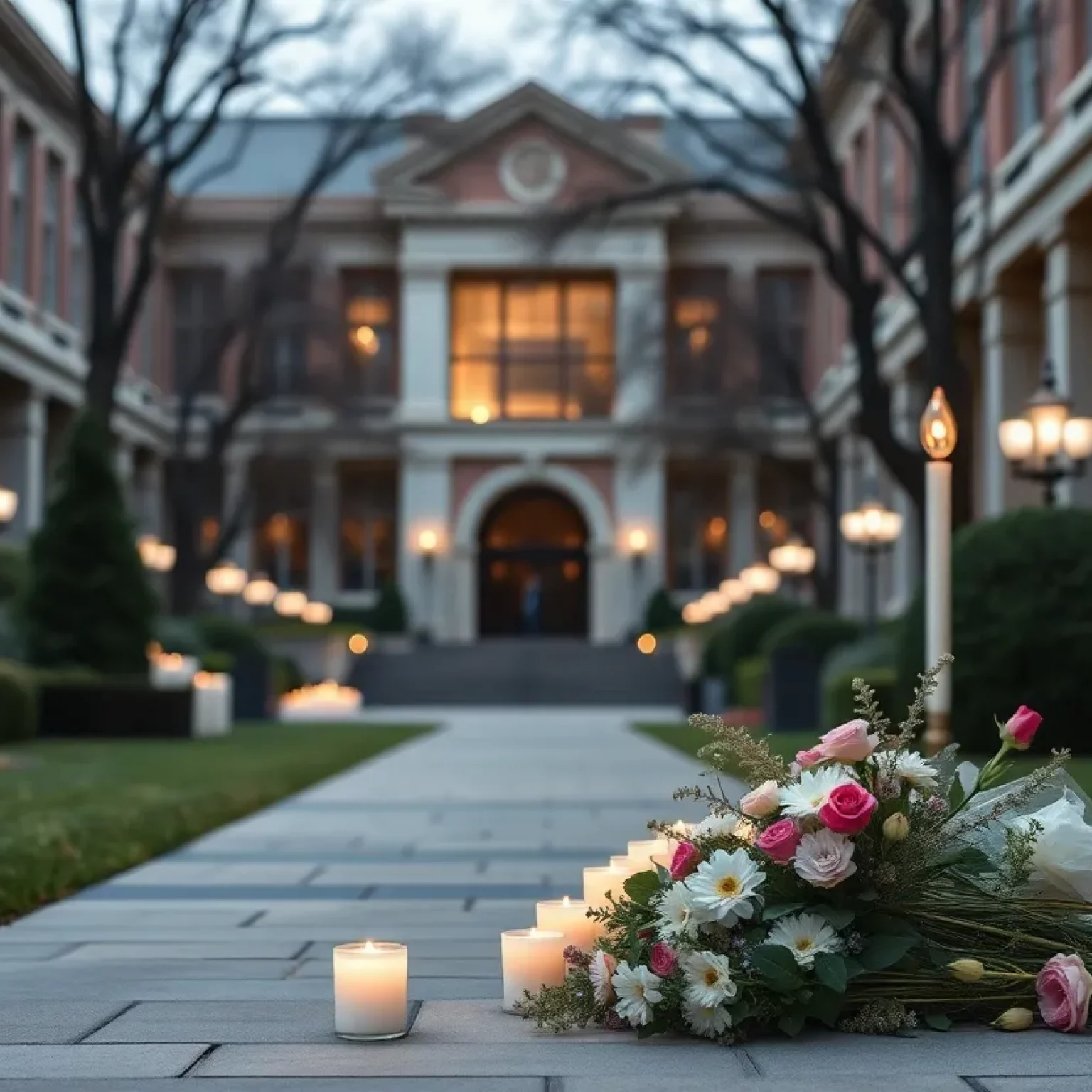 Candles and flowers at a memorial site for a beloved professor