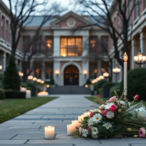 Candles and flowers at a memorial site for a beloved professor