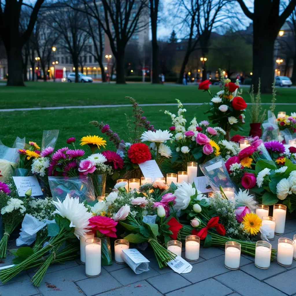 A serene memorial setting with flowers and candles honoring Patsy T. Sloan.