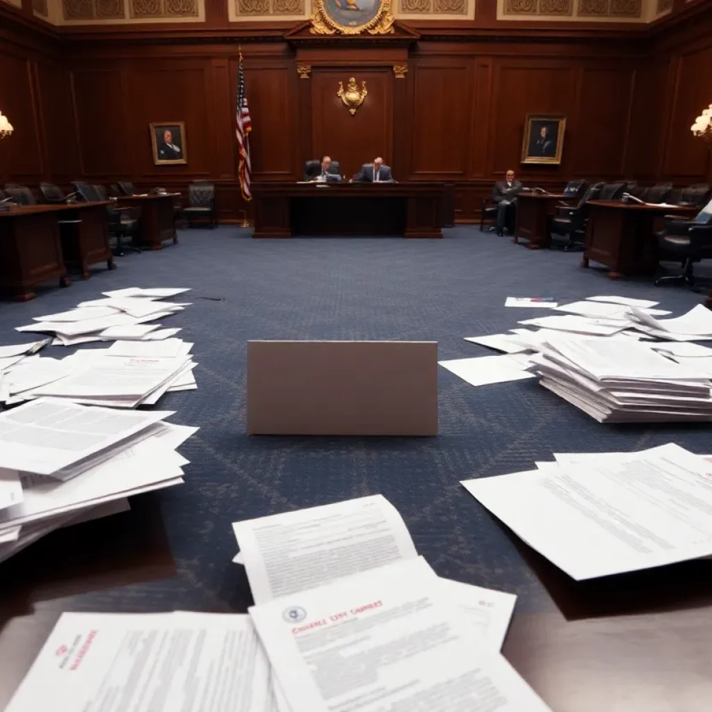 A Senate hearing room with scattered paperwork reflecting a confirmation delay.