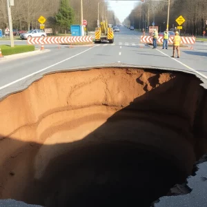 Deep sinkhole surrounded by construction workers in Bowling Green