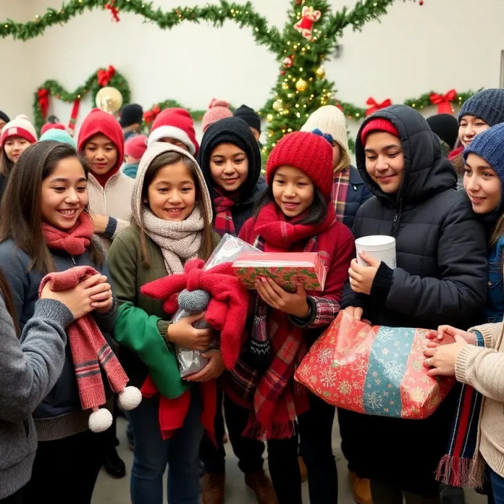 Teens receiving gifts and warm clothing during the Teen Angel program.