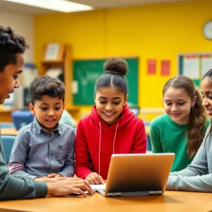 Students collaborating on technology projects in a classroom.