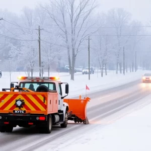 Snow-covered streets and a plow preparing for winter weather in Bowling Green