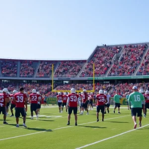 WKU Football team practicing on the field with jerseys and equipment.