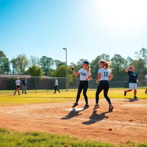 Team of young athletes practicing softball on a bright day